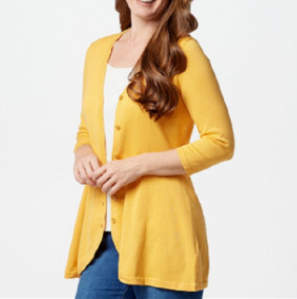 Isaac Mizrahi Live Yellow Long Sleeve Button Down Cardigan Sweater